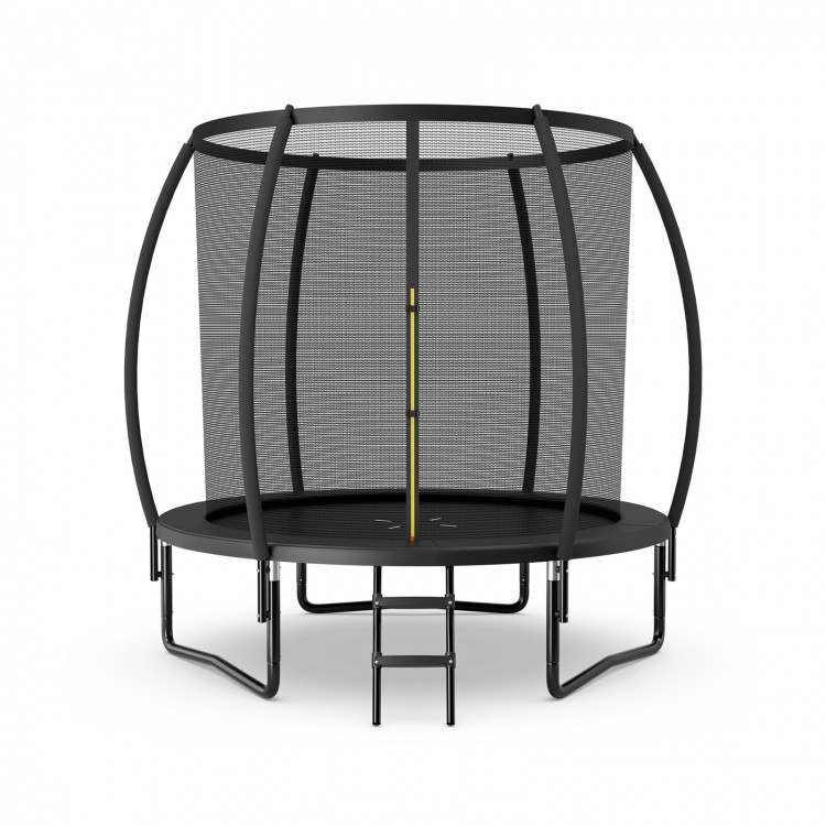 8-foot black recreational trampoline with safety enclosure net, padded poles, and ladder for secure outdoor fun.